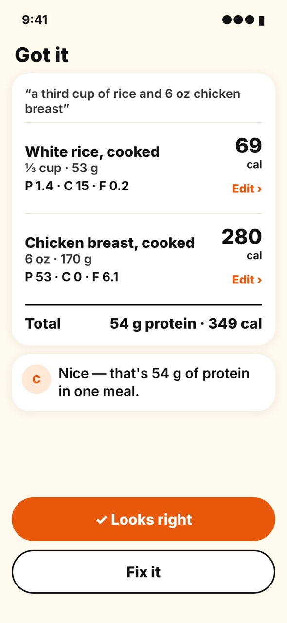 MacroEase showing a logged meal with calories and protein
